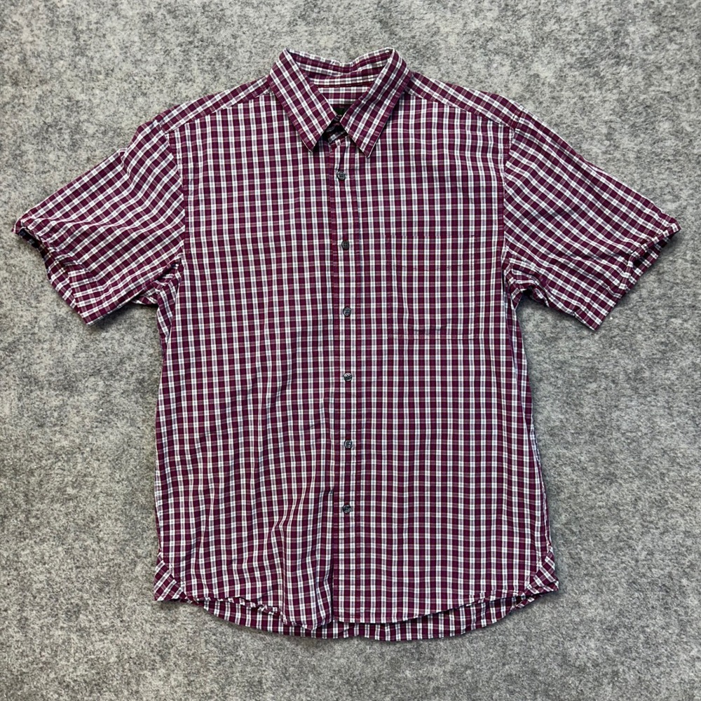 Eddie Bauer Button Down Shirt‎ Mens Medium Red White Blue Plaid Short Sleeve Exc